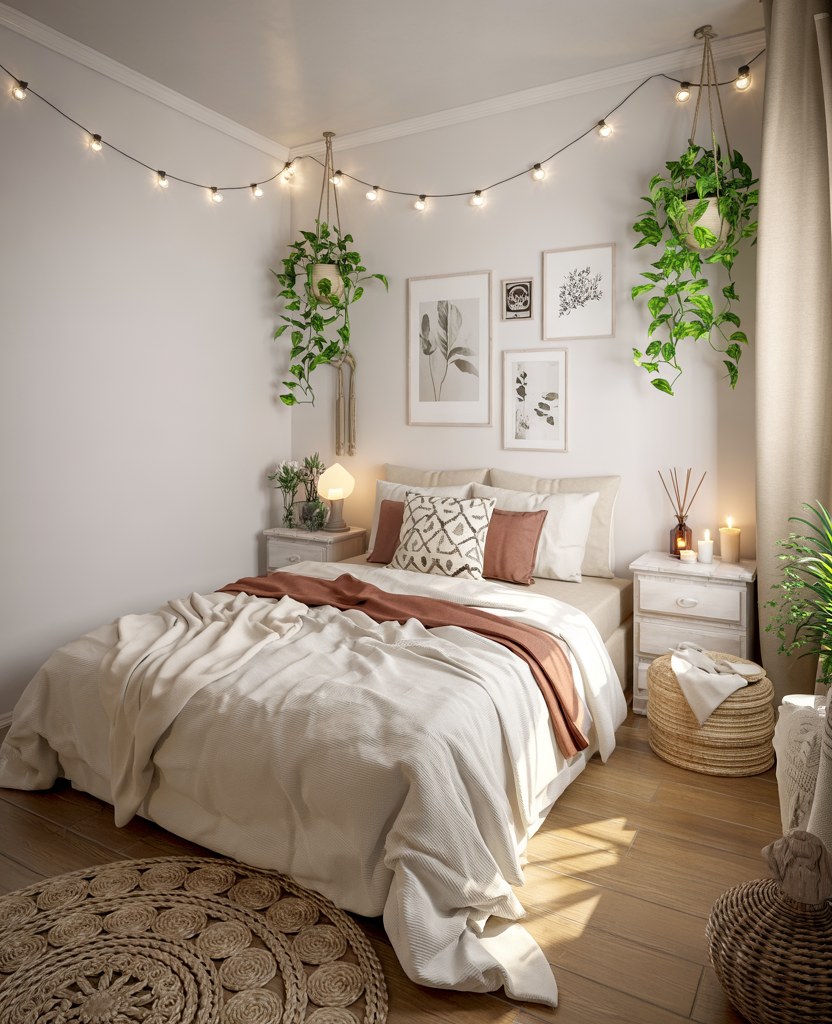 Bohemian Bedroom Ideas for Teenage Girls with Plants and String Lights