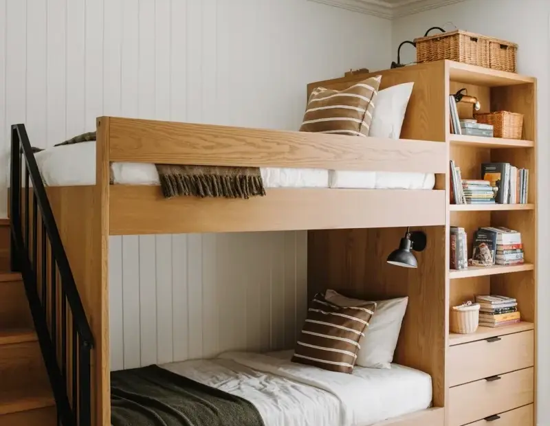 Light Oak Bunk Bed with Stairs and Bookshelf - Minimalist Kids Room Design