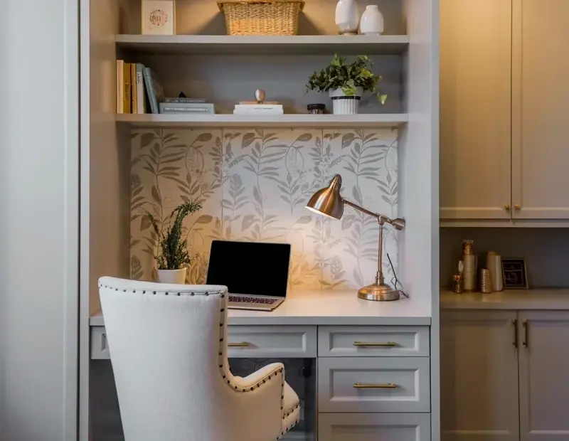 White Built-In Home Office Nook for Spring | Floral Wallpaper & Brass Accents