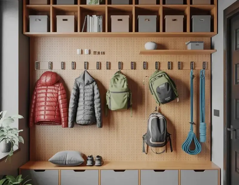 Winter Entryway Organization with Built-In Cubby and Pegboard Storage