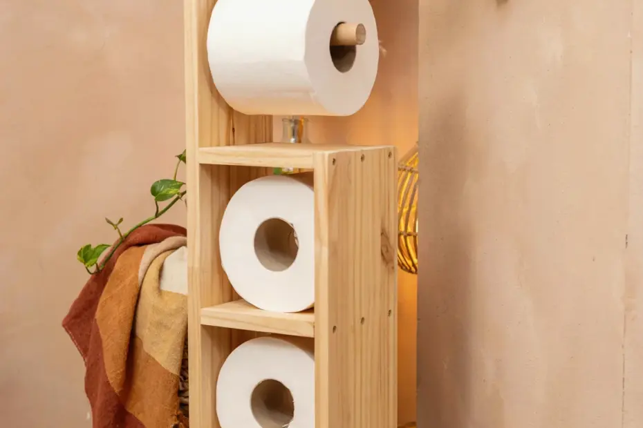 DIY Scrap Wood Toilet Paper Holder Stand with Shelf and Storage for 3 Rolls