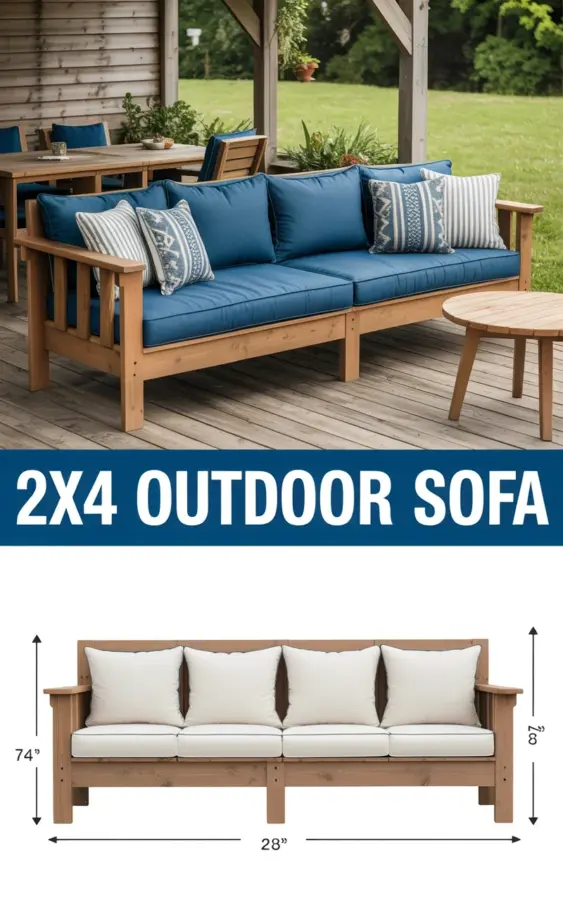 2x4 Outdoor Sofa | DIY Modern Farmhouse Daybed with Navy Cushions & Pergola