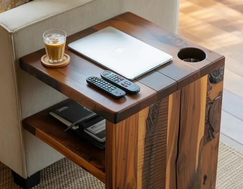 Wooden Couch Side Table with Cup Holder and Shelf for Cozy Living Rooms