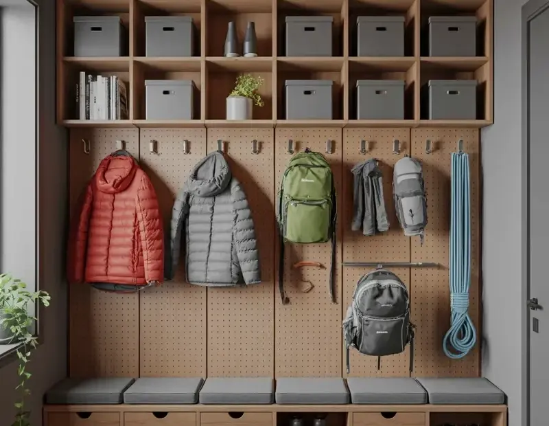 Budget Entryway Storage with a Pegboard Wall and Cubby Shelves