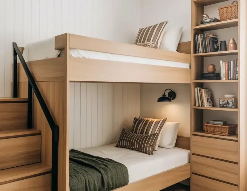 Modern Bunk Bed with Stairs and Built-in Bookshelf | Light Oak Kids Room