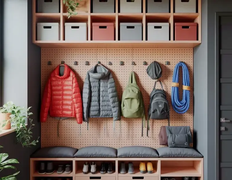 Mudroom storage ideas for busy families | Entryway pegboard wall for backpacks, jackets and climbing gear