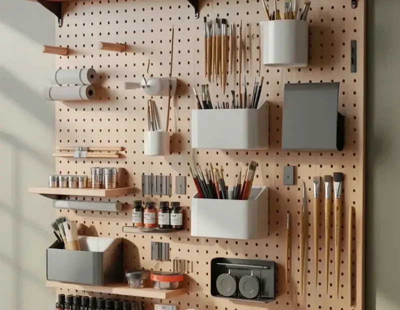 Pegboard Art Supply Organization for Paint Bottles and Brush Holders