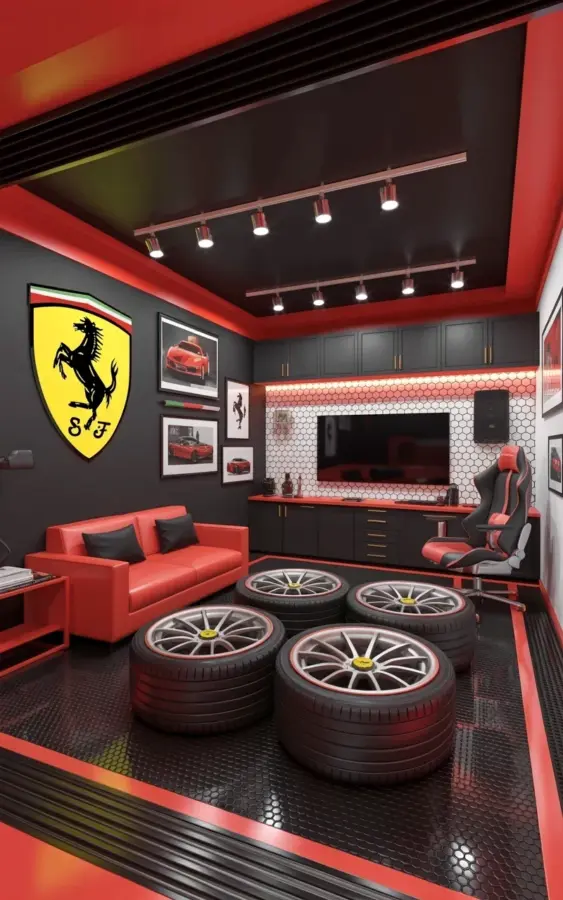 Ferrari Garage Man Cave Ideas | Black Walls, Red Leather and a TV Feature Wall
