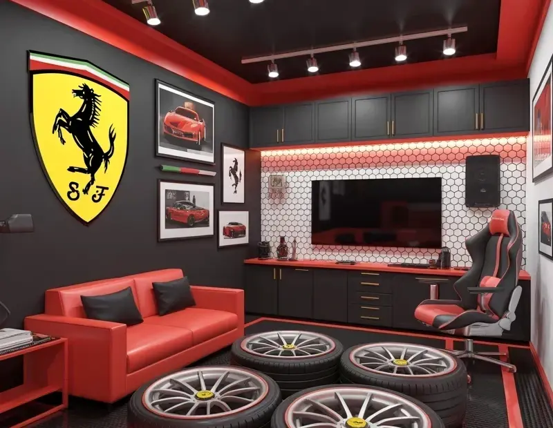 Ferrari Garage Man Cave Ideas | Black Walls, Red Leather and a TV Feature Wall
