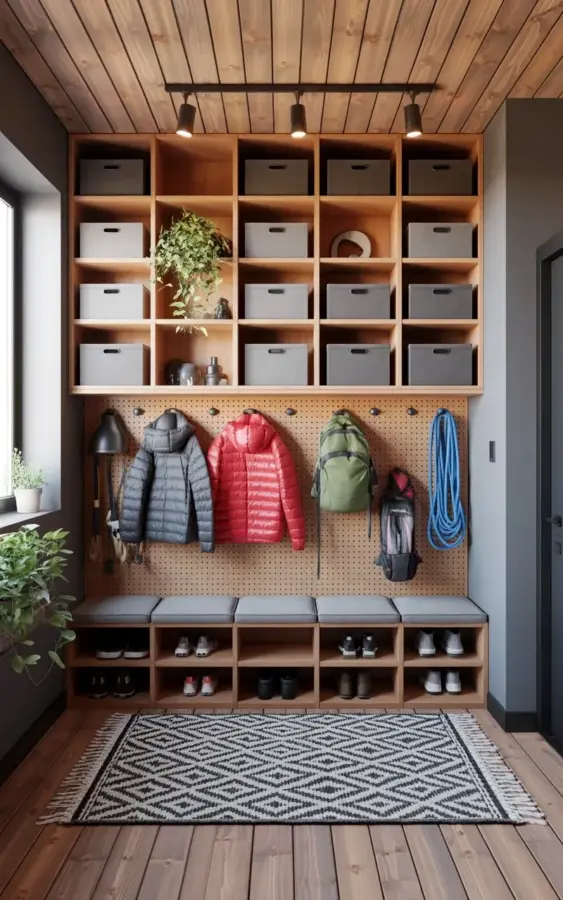 Built-In Entryway Storage System with Pegboard Wall for Jackets & Backpacks
