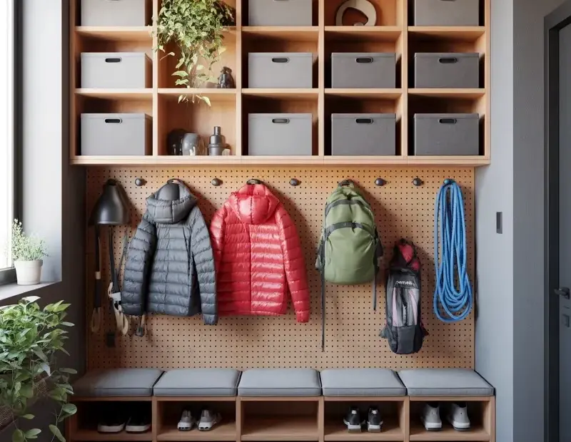 Built-In Entryway Storage System with Pegboard Wall for Jackets & Backpacks